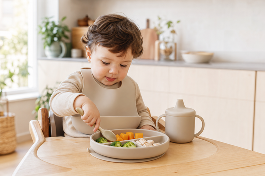 Utensilios de silicona para alimentación de bebé con plato, babero, vaso y cuchara