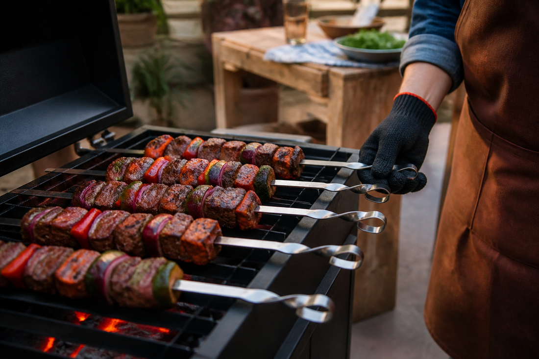 Fierros para anticuchos metálicos sobre una parrilla doméstica con carne y verduras