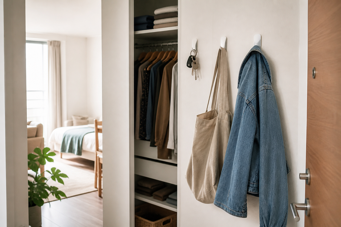Departamento pequeño ordenado con ganchos adhesivos y perchas para aprovechar el espacio sin taladrar