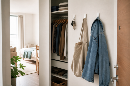 Departamento pequeño ordenado con ganchos adhesivos y perchas para aprovechar el espacio sin taladrar