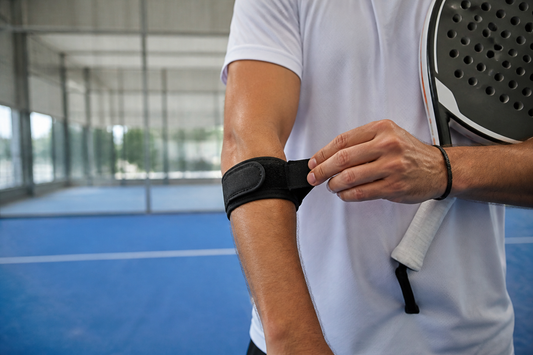Deportista ajustando una epicondilera para codo de tenista antes de jugar pádel