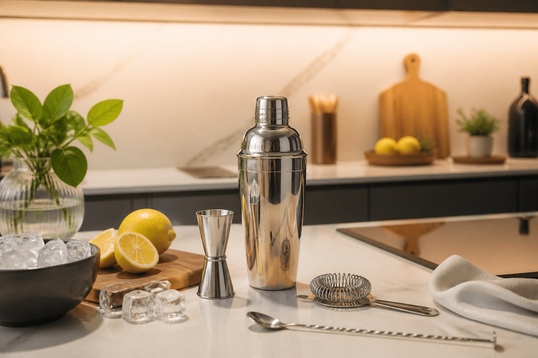 Kit coctelería básico con coctelera, jigger, colador y cuchara de bar sobre una cocina
