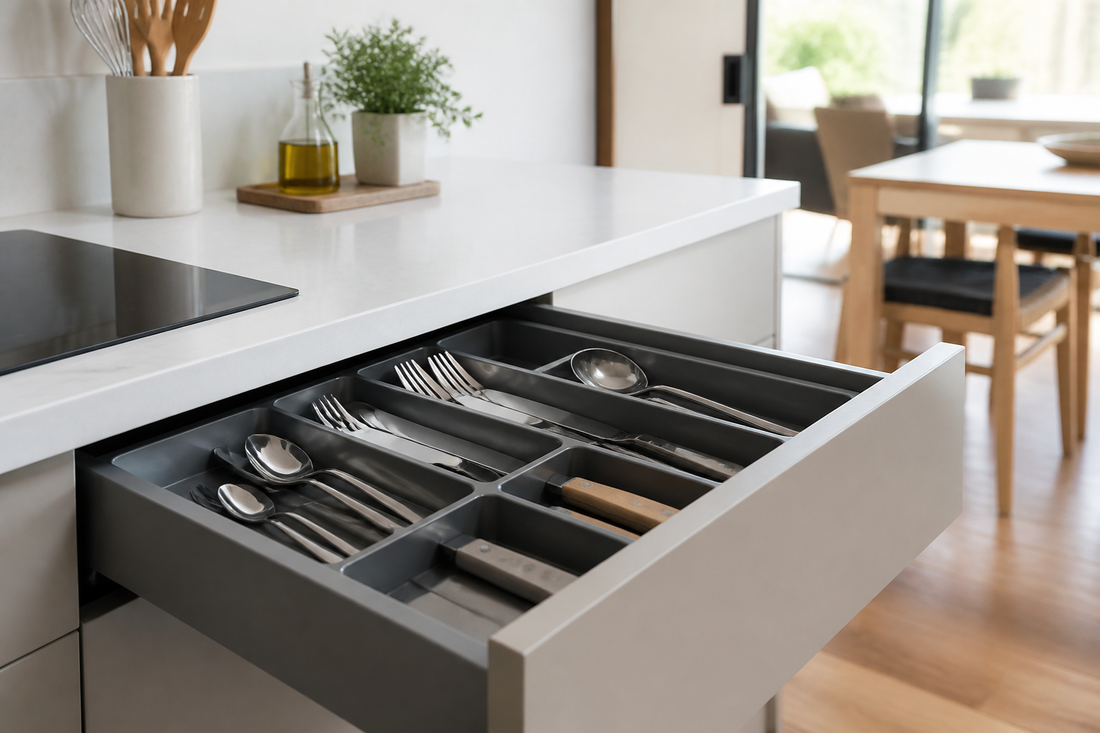 Cajón de cocina con organizador de cubiertos ordenado según tamaño y uso