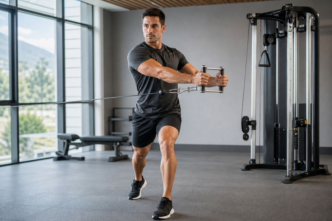 Persona entrenando el core con agarre neutro de acero en polea.