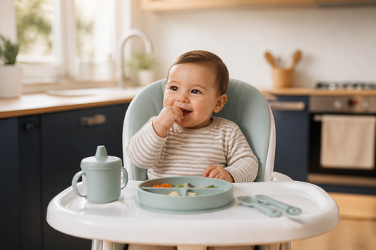 Guagua usando utensilios de silicona para alimentación complementaria en una silla de comer