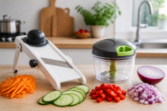 Mandolina de cocina y picador de verduras manual junto a verduras cortadas de distintas formas