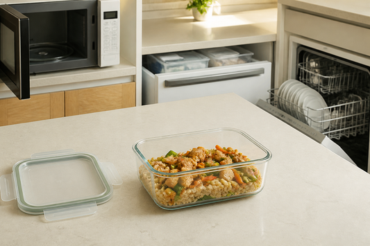 Contenedor hermético de vidrio junto a microondas, freezer y lavavajillas en una cocina moderna