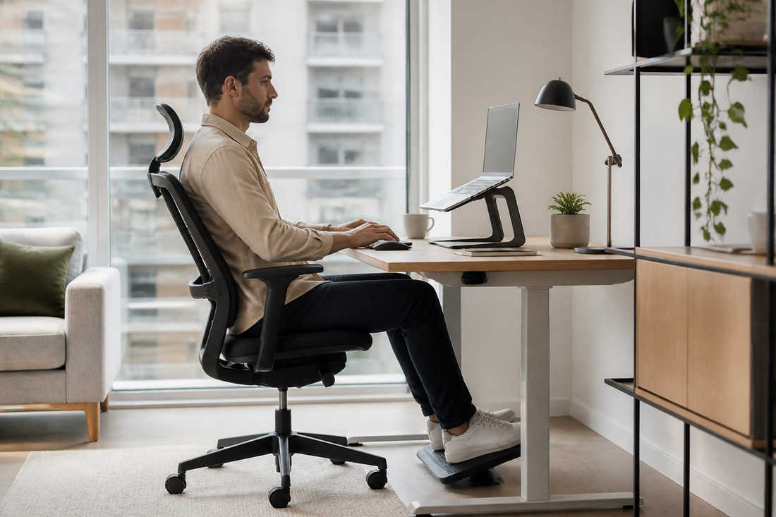 Home office ergonómico con notebook elevado, teclado externo y reposapiés