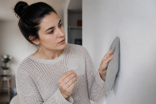 Arrendataria revisa una pared antes de instalar un gancho adhesivo