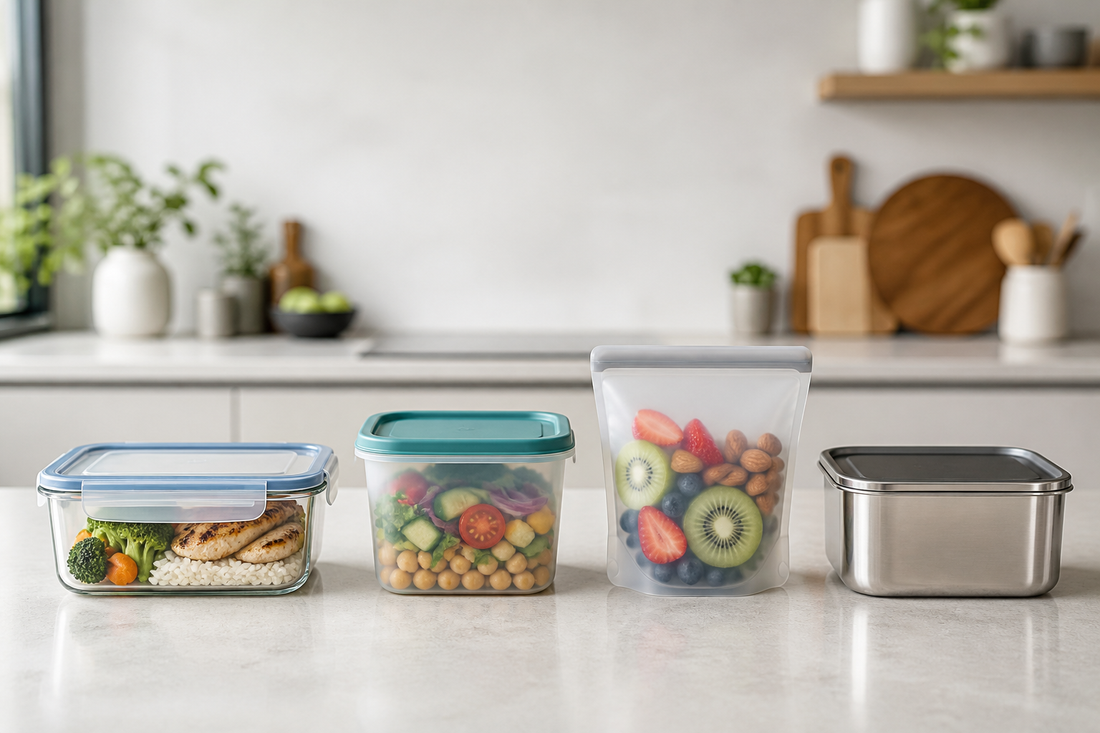 Comparación de contenedores herméticos de vidrio, plástico, silicona y acero con comida fresca para meal prep.