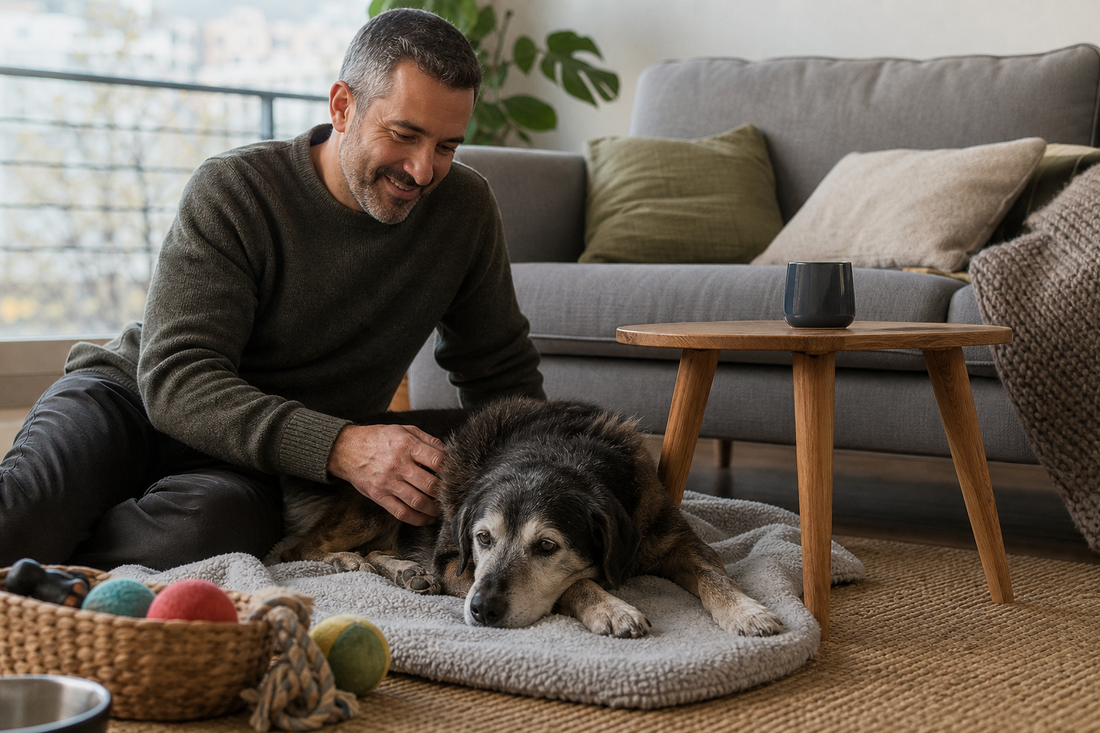 Perro senior en casa durante invierno con cuidados de higiene y apoyo de su tutor