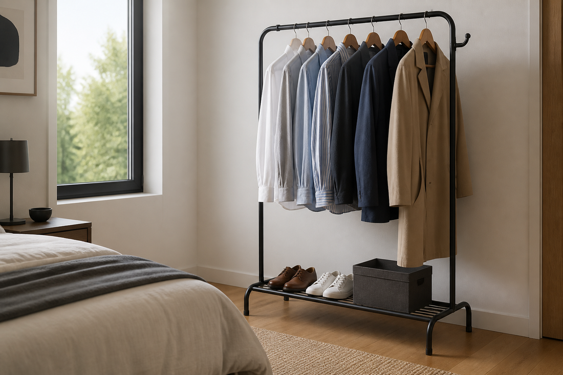 Perchero metálico con ropa organizada en un dormitorio