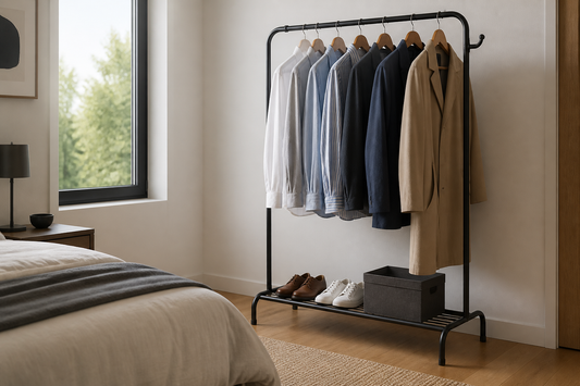 Perchero metálico con ropa organizada en un dormitorio