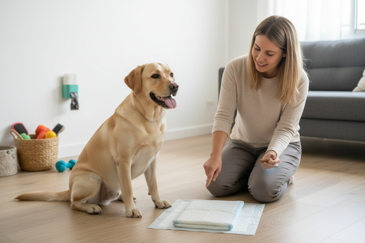 Perro junto a una sabanilla sanitaria doblada en un departamento, mientras su tutora lo guía con calma