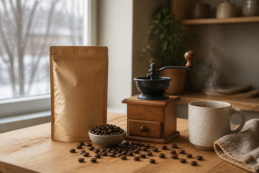 Café en grano recién tostado junto a un molinillo y una taza preparada en casa
