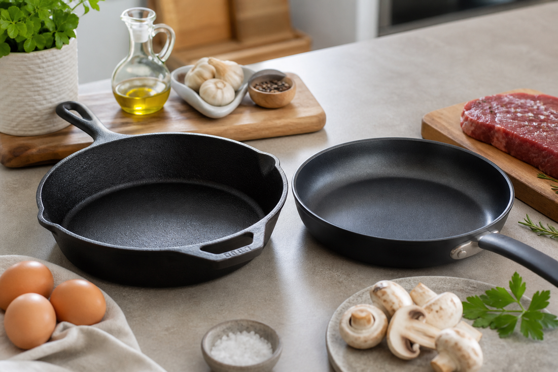 Comparación entre sartén de hierro fundido sin teflón y sartén antiadherente en una cocina