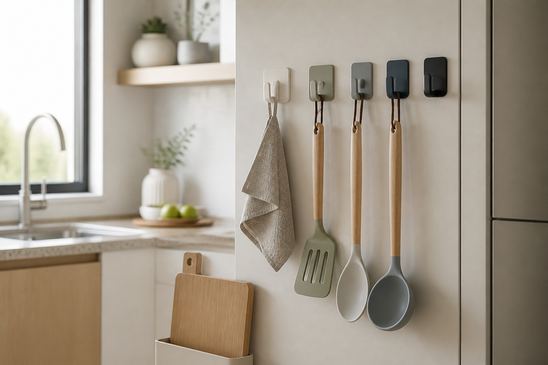 Ganchos adhesivos XL organizan paños y utensilios en una cocina pequeña