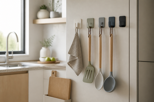 Ganchos adhesivos XL organizan paños y utensilios en una cocina pequeña