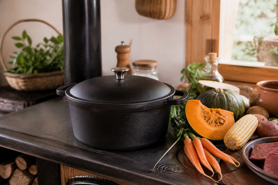 Olleta de fierro fundido en cocina chilena lista para preparar guisos