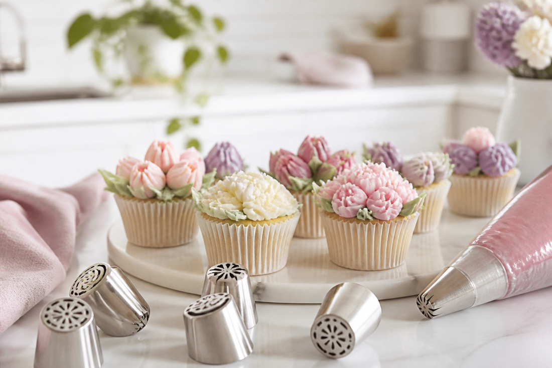 Cupcakes con flores de crema hechas con boquillas rusas y manga pastelera