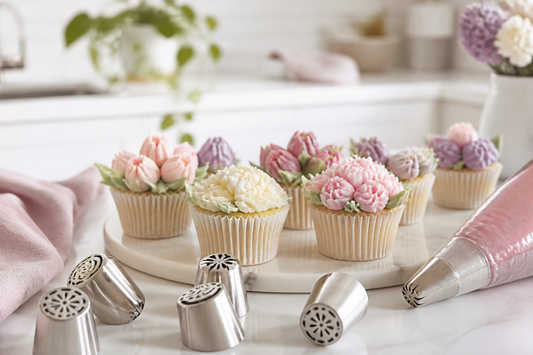 Cupcakes con flores de crema hechas con boquillas rusas y manga pastelera
