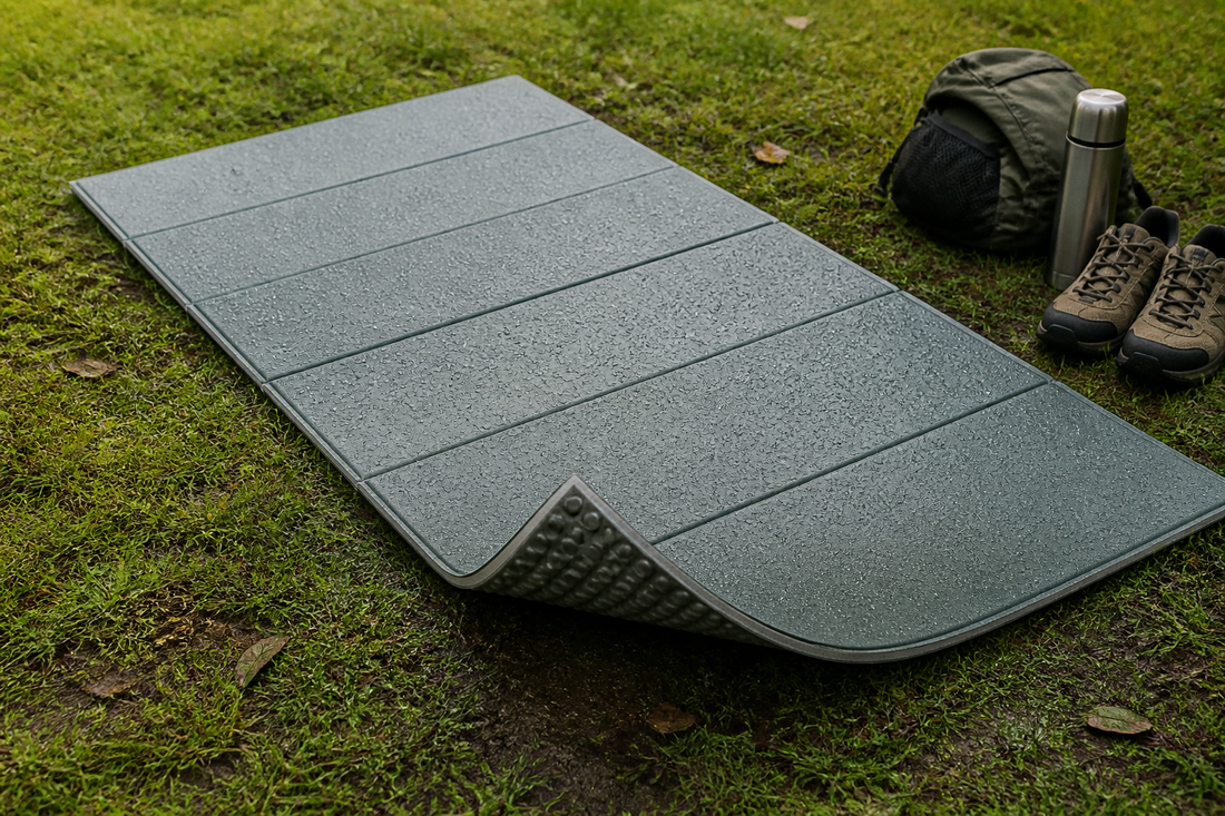 Manta picnic impermeable desplegada sobre pasto húmedo con gotas de agua y accesorios de camping compactos