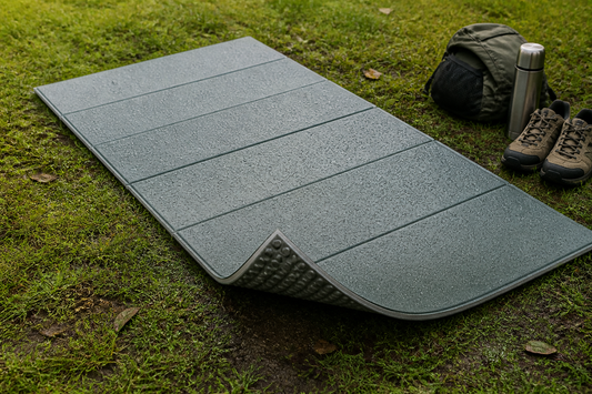 Manta picnic impermeable desplegada sobre pasto húmedo con gotas de agua y accesorios de camping compactos