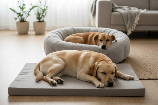Perros descansando en un colchón plano y una cama tipo dona para comparar sus beneficios