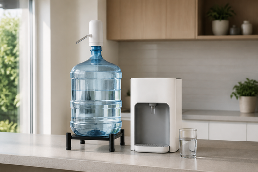 Bomba USB y dispensador de agua de sobremesa junto a botellón de 20 litros en cocina