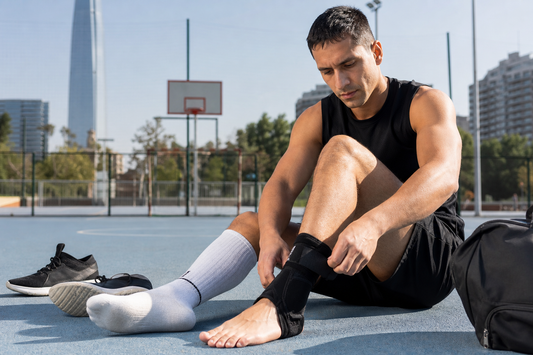 Deportista ajustando una tobillera deportiva antes de entrenar
