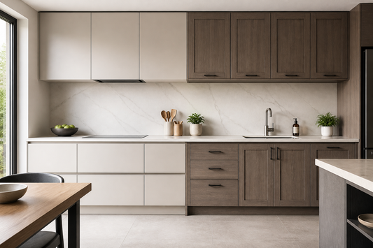 Comparación entre muebles sin tiradores y muebles con manillas tradicionales en una cocina.
