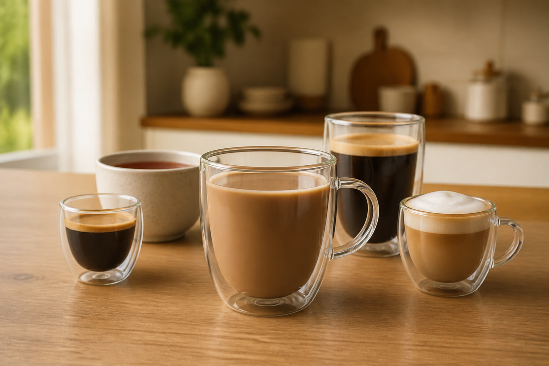Taza de vidrio doble pared de 450 ml comparada con tazas para espresso, cappuccino, latte y té