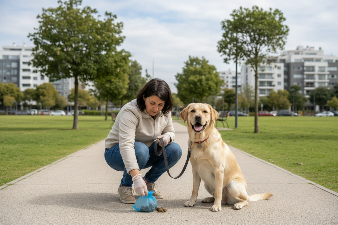 Persona recoge las fecas de su perro durante un paseo en una plaza chilena