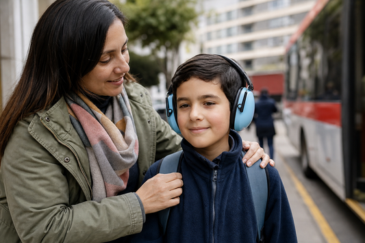 Niño en Chile usa protección auditiva infantil mientras se prepara con su cuidador para ir al colegio