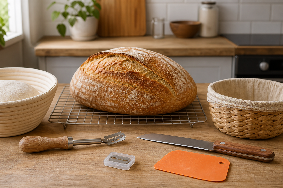 Pan de masa madre greñado junto a greñador, cuchillo, gillette segura, scraper, banneton y rejilla de enfriamiento