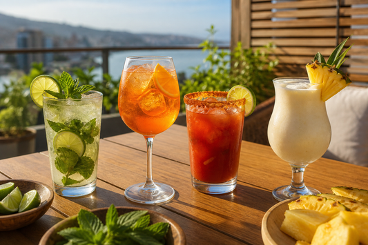 Mojito, spritz, michelada y piña colada servidos en una mesa de verano