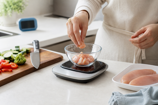 Balanza digital en mesón con tablas de cortar separadas para preparación segura de alimentos