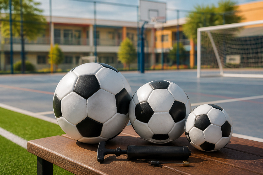Balones de fútbol de distintos tamaños con bomba de inflado en multicancha escolar