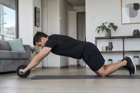 Persona usando una rueda abdominal desde las rodillas con postura lumbar estable