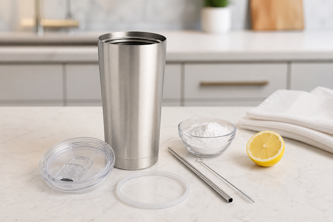 Vaso térmico desarmado junto a bombilla, tapa, sellos y elementos de limpieza.