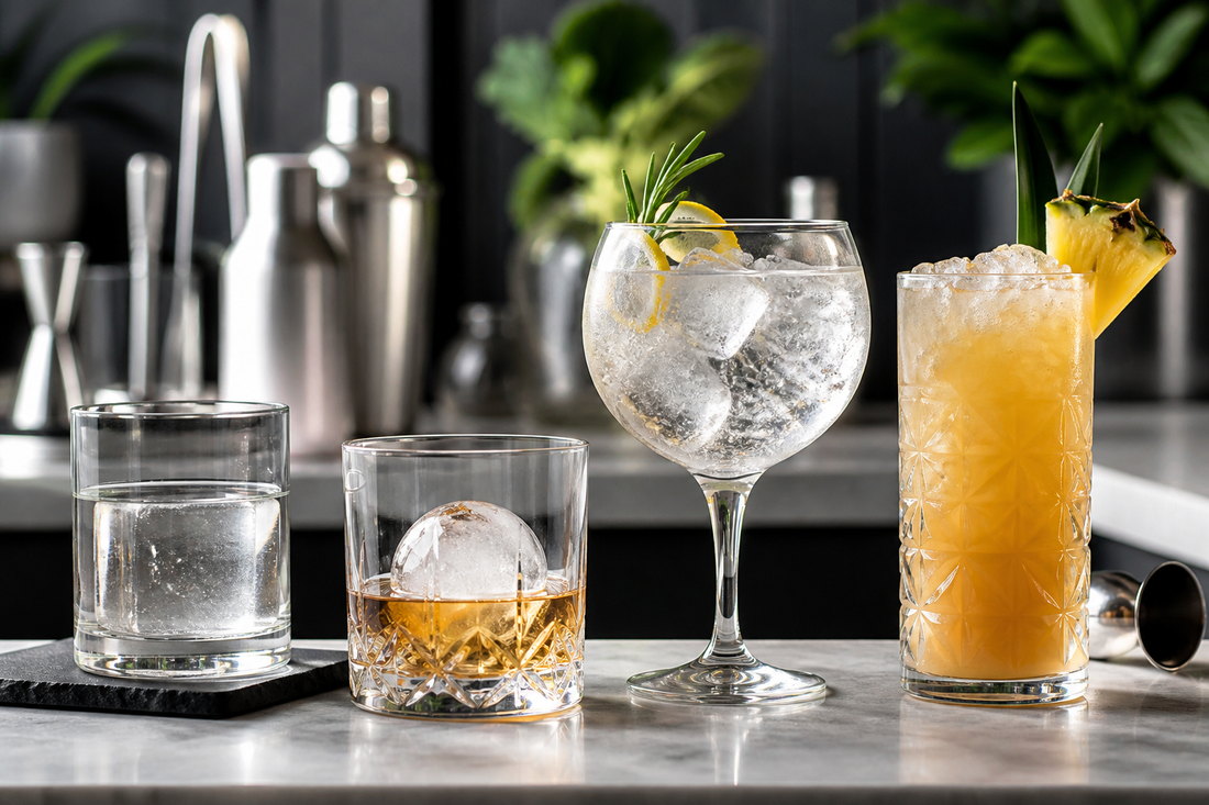 Distintos tipos de hielos para cócteles en vasos de whisky, gin tonic y tragos tropicales