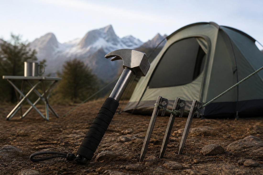 Martillo de camping con extractor junto a estacas y carpa compacta