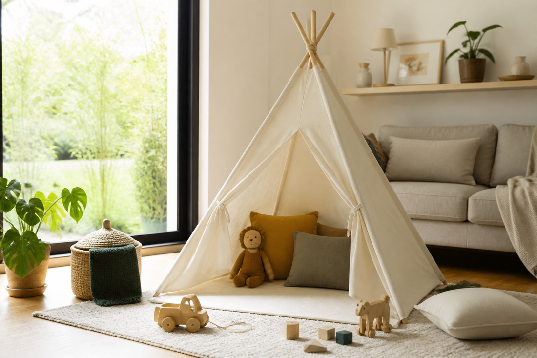 Carpa infantil armada en el living como rincón de juego seguro para niños