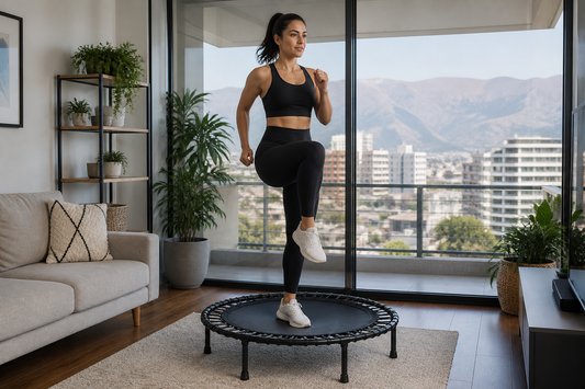 Persona entrenando en casa con un trampolín fitness compacto en un departamento