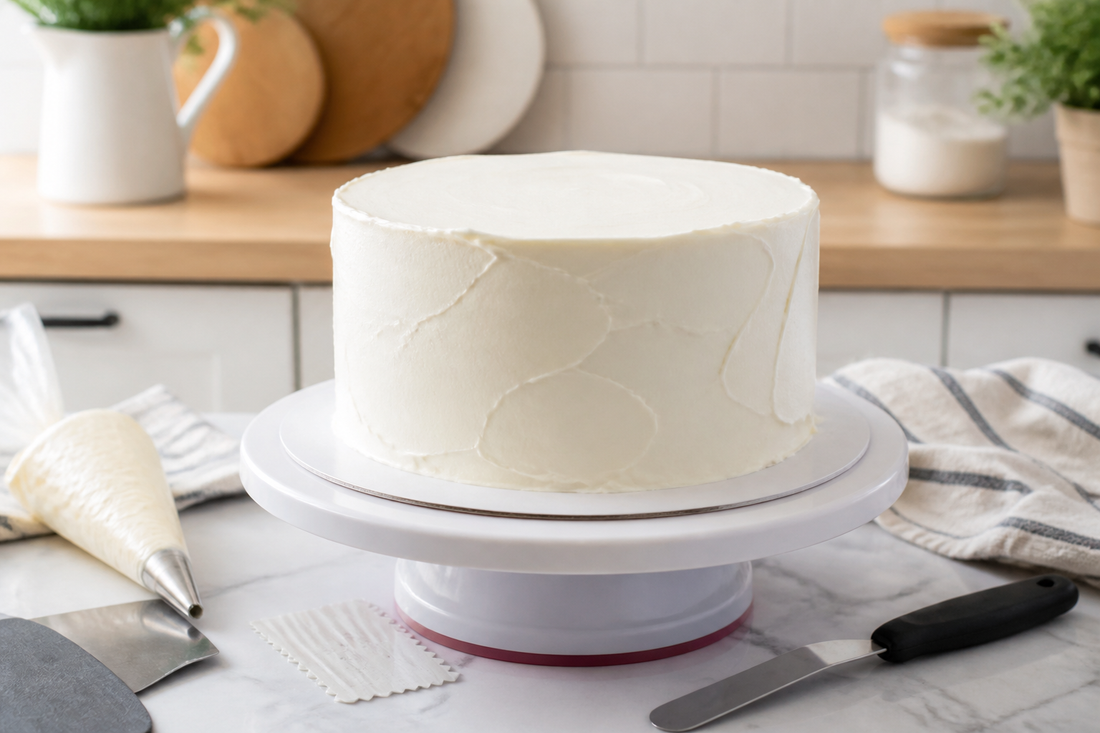 Base giratoria para tortas con torta casera en proceso de decoración