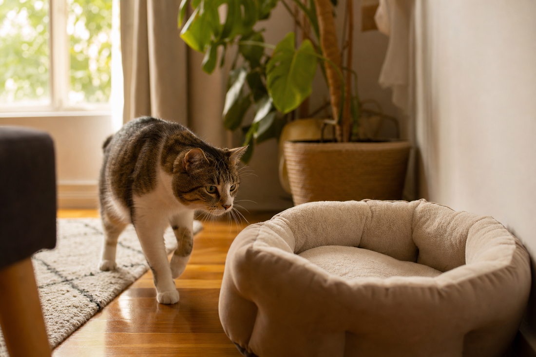 Gato explorando una cama nueva en un rincón tranquilo del hogar