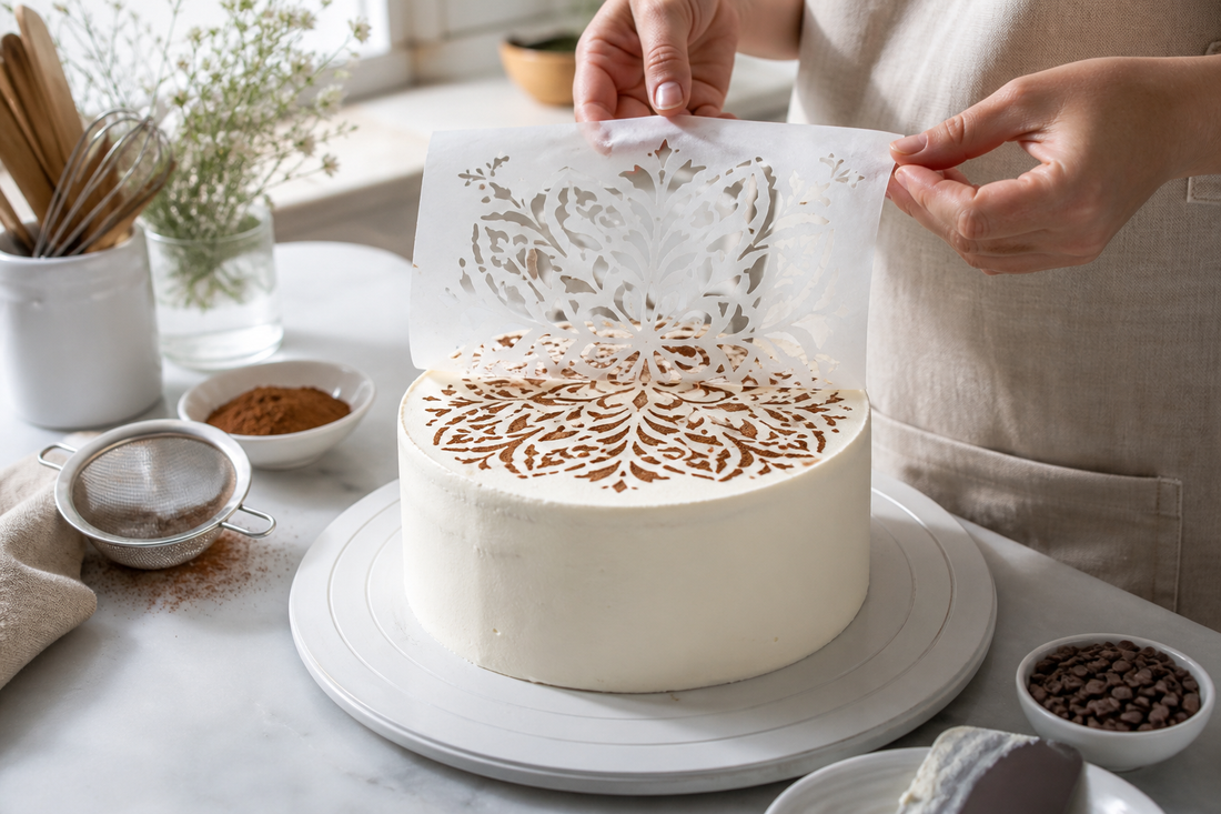 Stencil de repostería retirándose de una torta con diseño de cacao definido