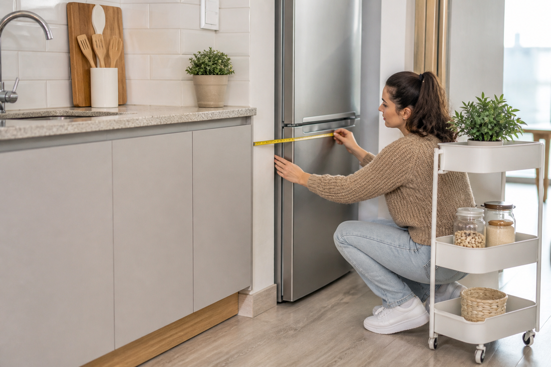 Persona midiendo el espacio entre un mueble y el refrigerador para instalar un carro organizador
