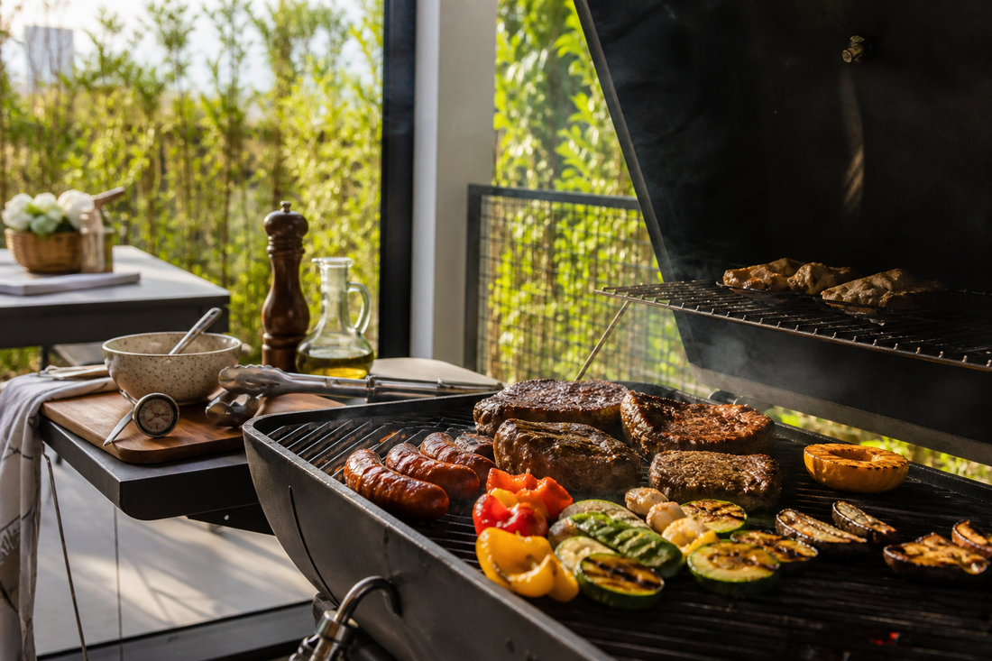 Asado en casa con carnes y verduras cocinándose en una parrilla organizada en dos zonas de calor