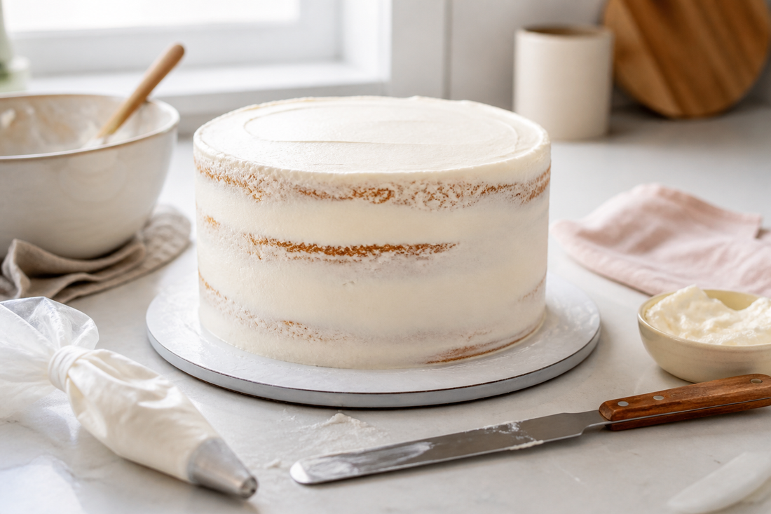 Torta casera a medio decorar con utensilios de repostería sobre un mesón de cocina